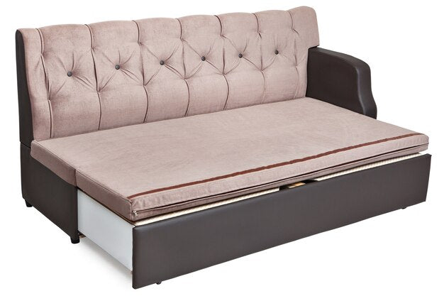 Modern Turkish sofa bed with beige tufted upholstery and dark brown accents.