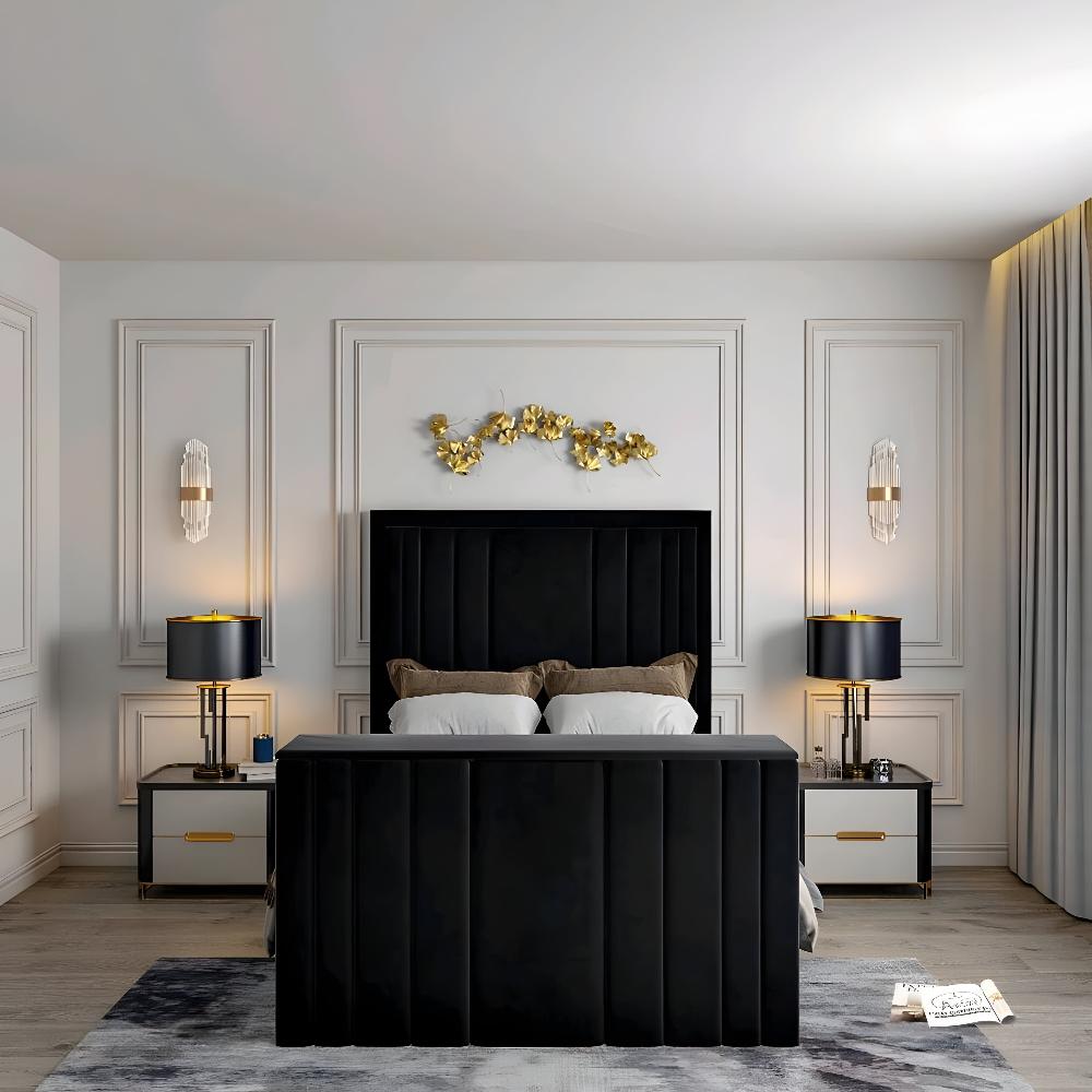 A sophisticated bedroom with a black vertical-channeled twin bed frame.