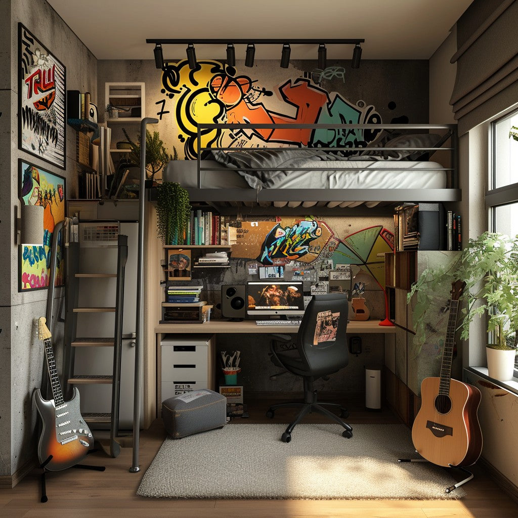 Loft room with a wall bed with desk surrounded by colorful graffiti and guitars.