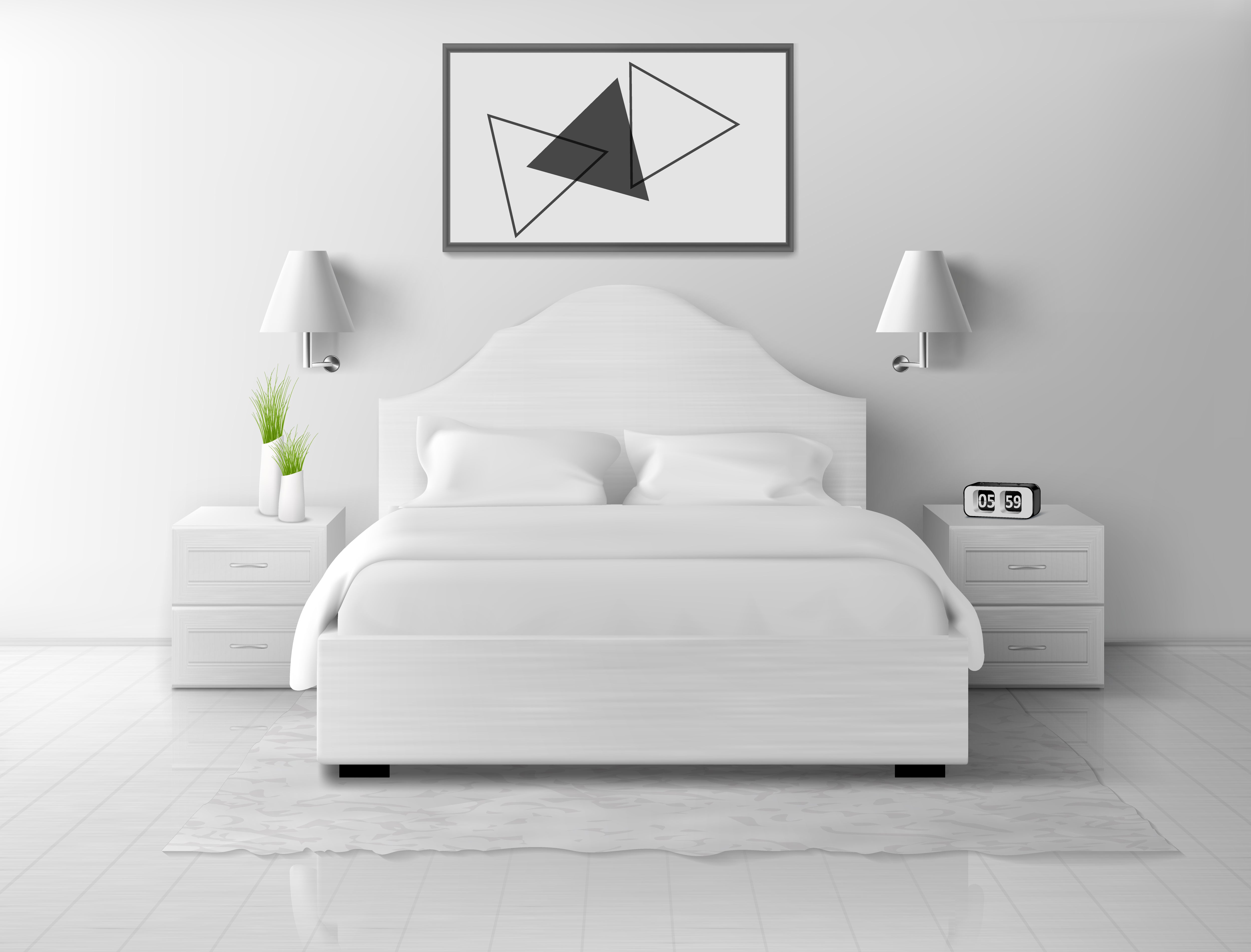 A modern bedroom with a white wooden double bed frame, white linens, and geometric wall art.