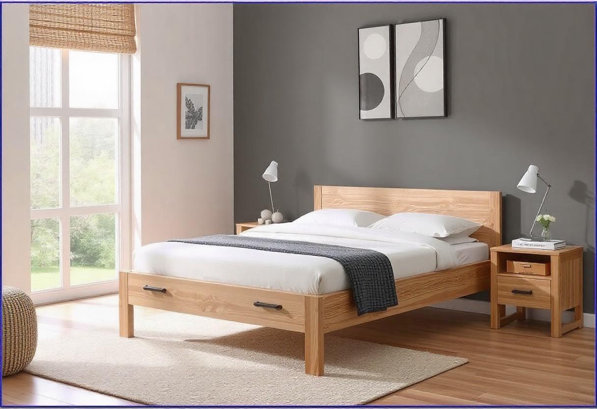 The photo is of a bed in a room with a wooden bed frame. It includes a nightstand, bedding, mattress, pillows, and other bedroom furniture. The room features hardwood floors and a window with window treatment.