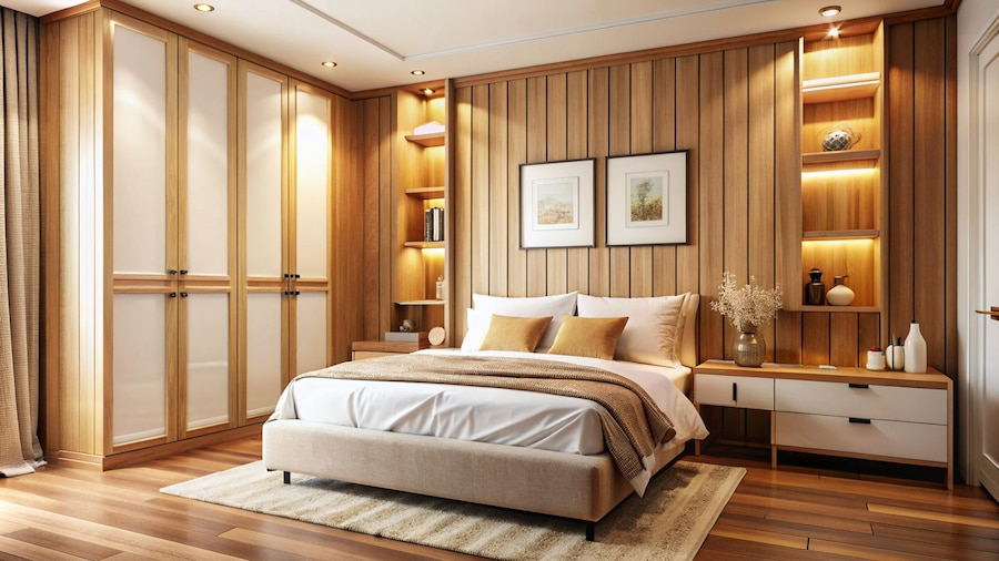 Modern bedroom with a wooden bed with storage, wooden paneling, and built-in shelving.