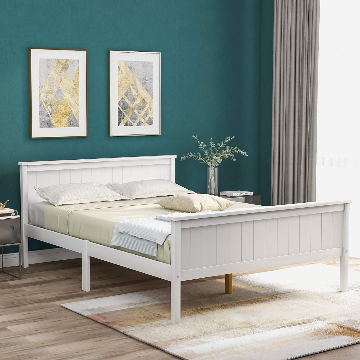 A wooden double bed features a sturdy wooden frame . It typically includes a mattress supported by a slatted base.