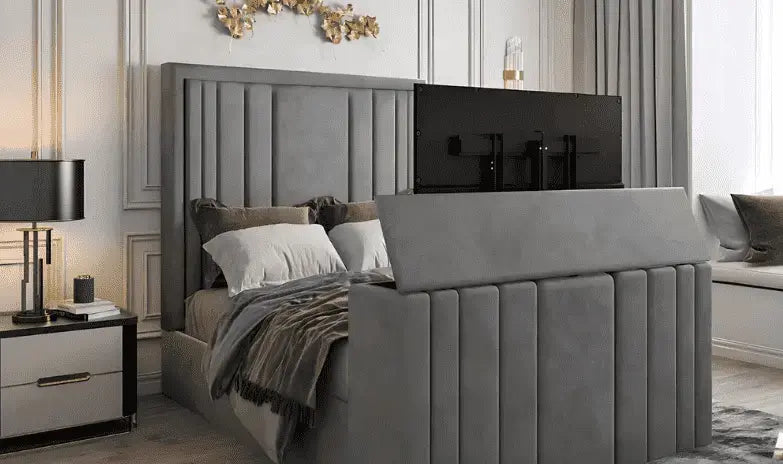 Twin-sized grey guest Tv bed with storage for compact living.