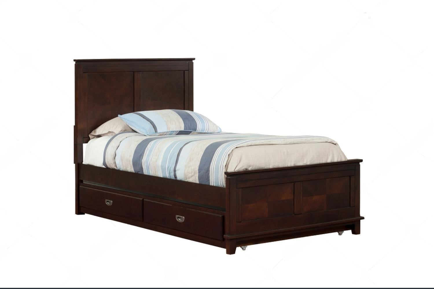 Dark brown wooden trundle bed with storage drawers and a striped bedspread.