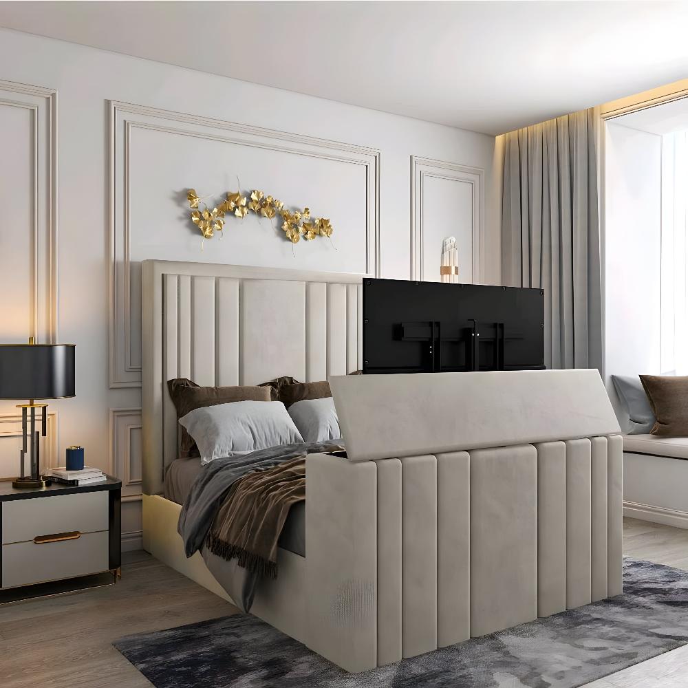 The image features an elegant bedroom highlighting an Alexander TV bed with an integrated retractable television.