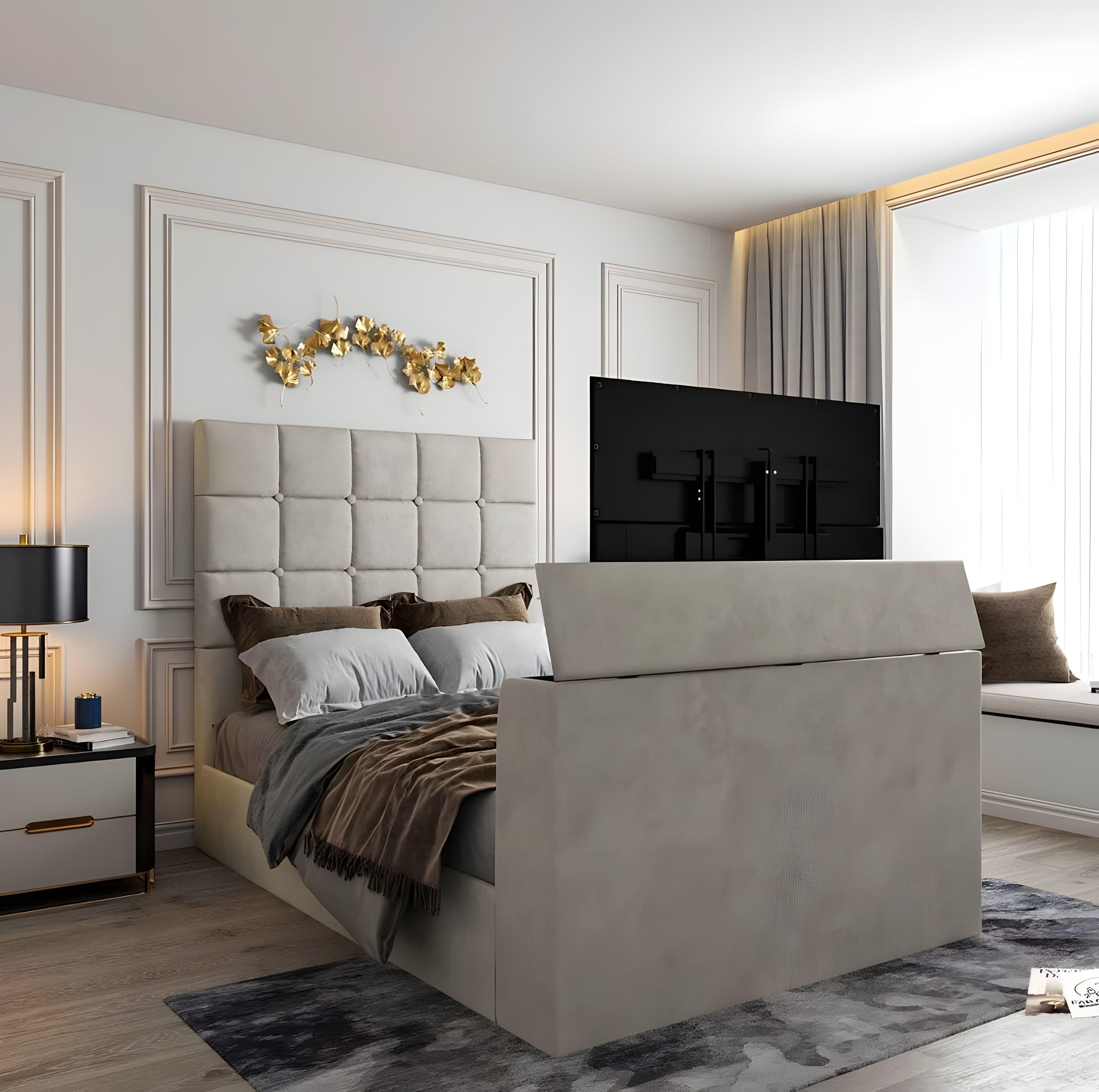 Modern bedroom with a Cubek TV bed frame featuring a beige cushioned headboard and an embedded TV.

