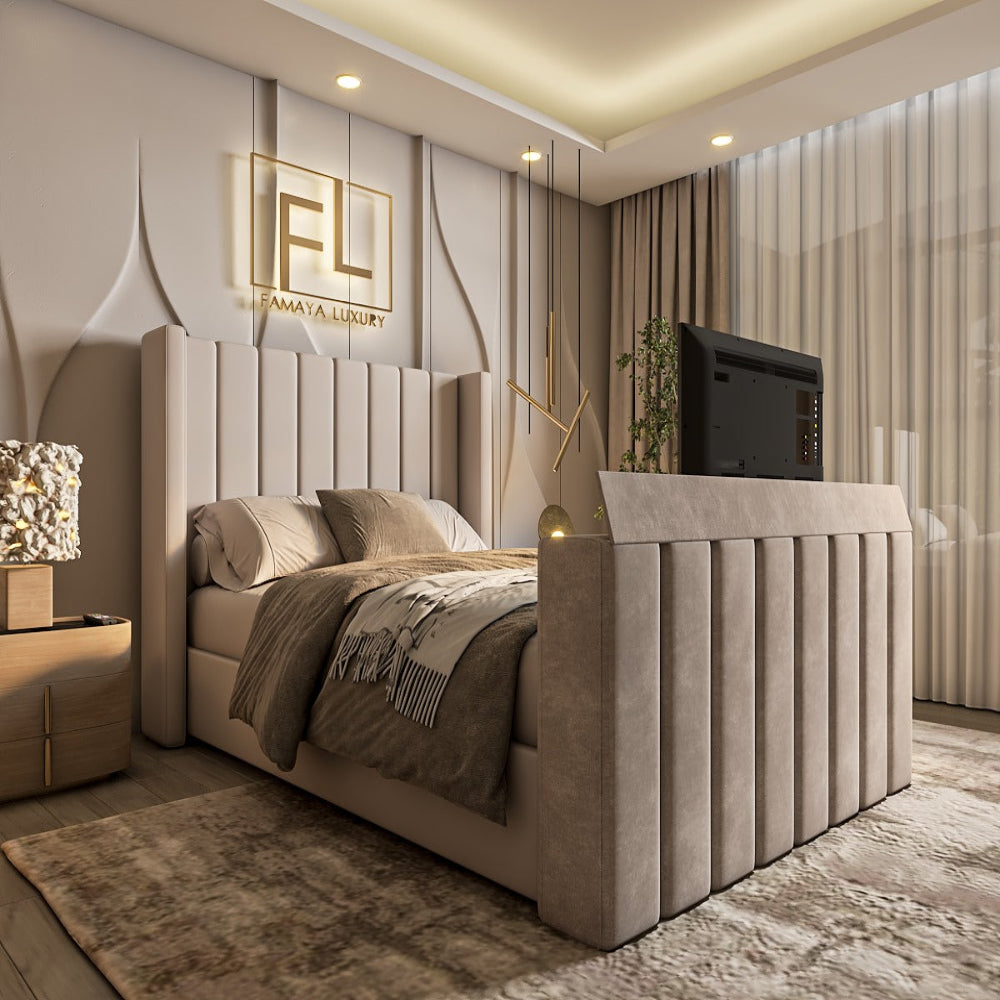 Luxurious bedroom with a beige tufted headboard and a Larossa Wingback TV bed frame.