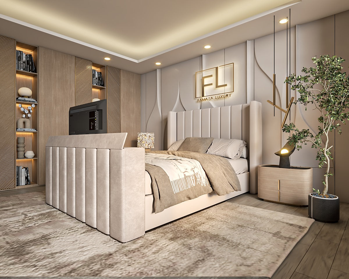 Modern bedroom with a Larossa Wing Back TV bed frame in cream fabric, featuring a retractable TV, neutral bedding, and elegant decor.
