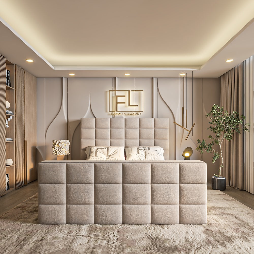 Modern bedroom featuring a beige 3D Cubex TV bed frame with a tufted design.