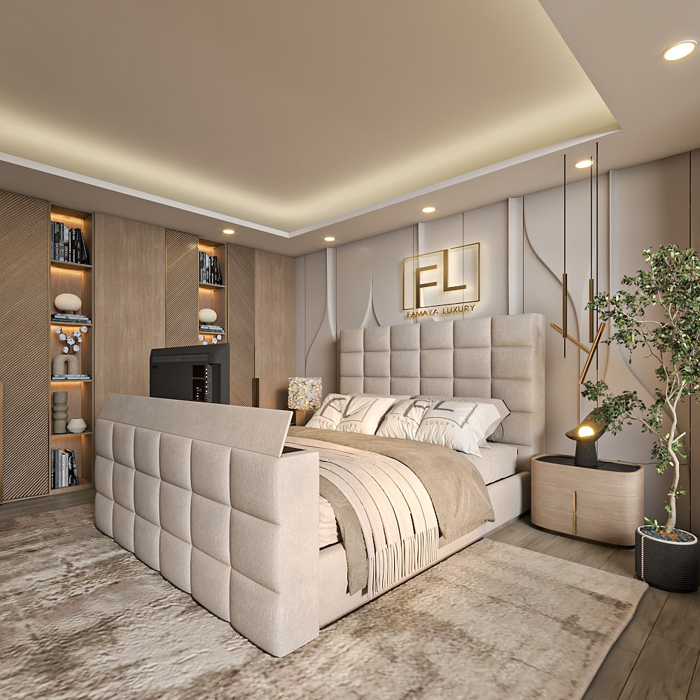 Luxurious bedroom with a 3D Cubex TV bed, plush bedding, and modern decor elements.