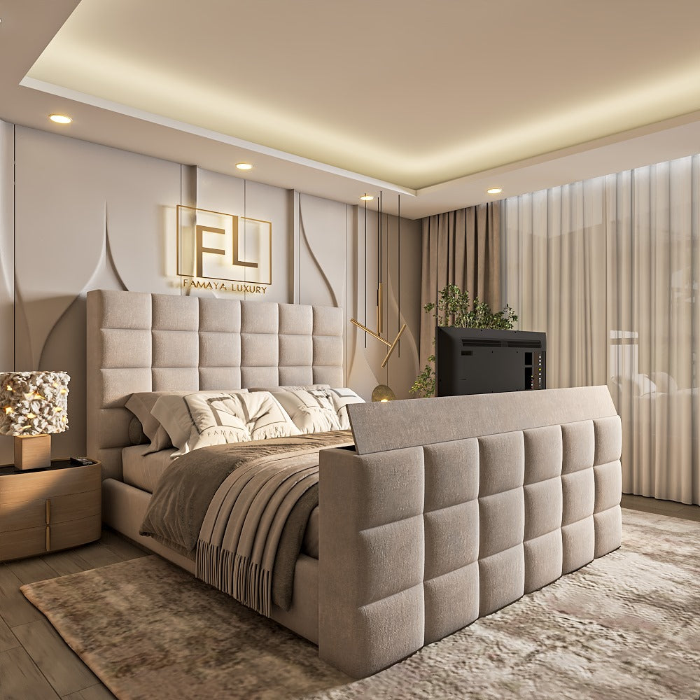 Luxurious bedroom with a tufted beige 3D Cubex TV bed, recessed lighting, and golden wall decor.