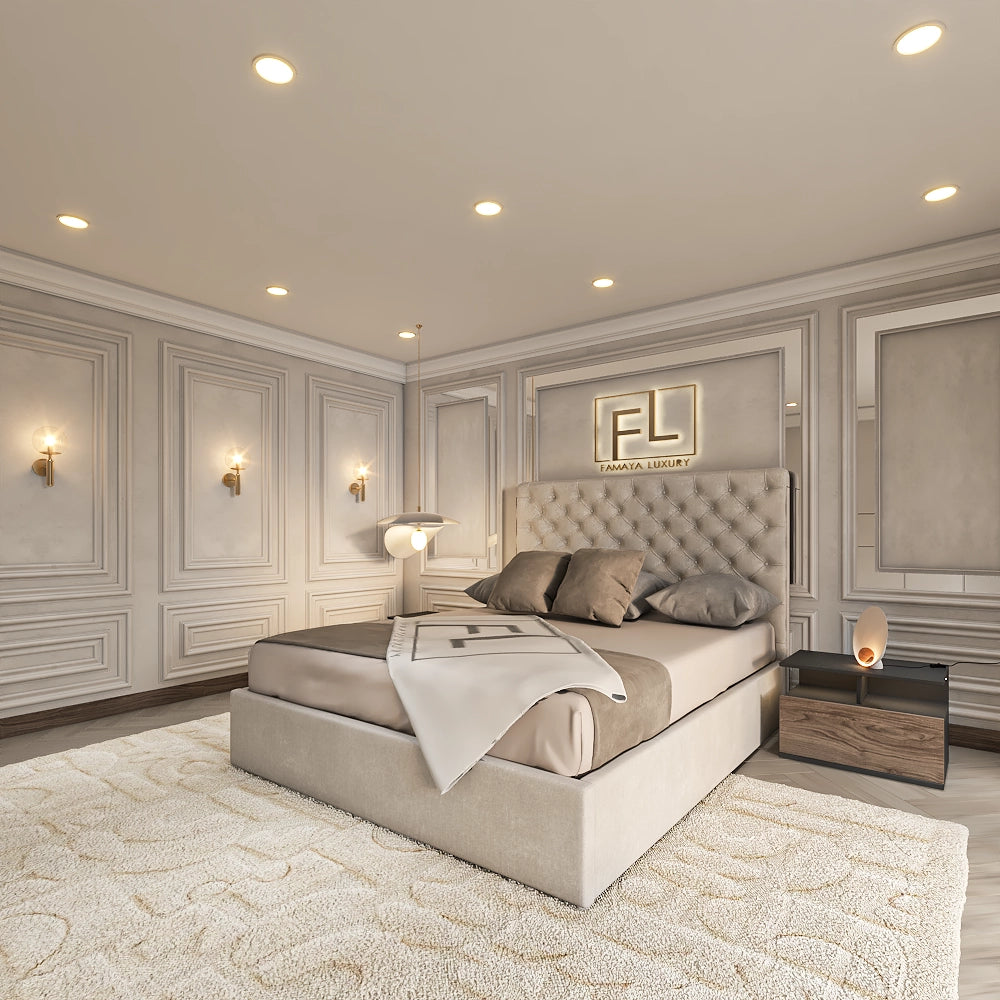 Luxurious bedroom with  Belmont bed frame, a tufted bed and elegant paneling.