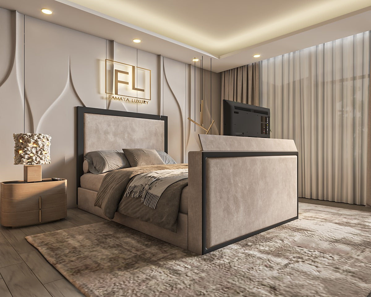 Modern bedroom with Blanco TV bed frame and built-in shelves.