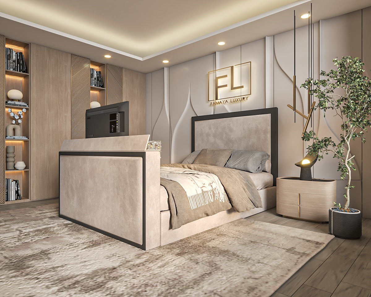 Modern bedroom with a Blanco TV bed frame, featuring a TV in the footboard.