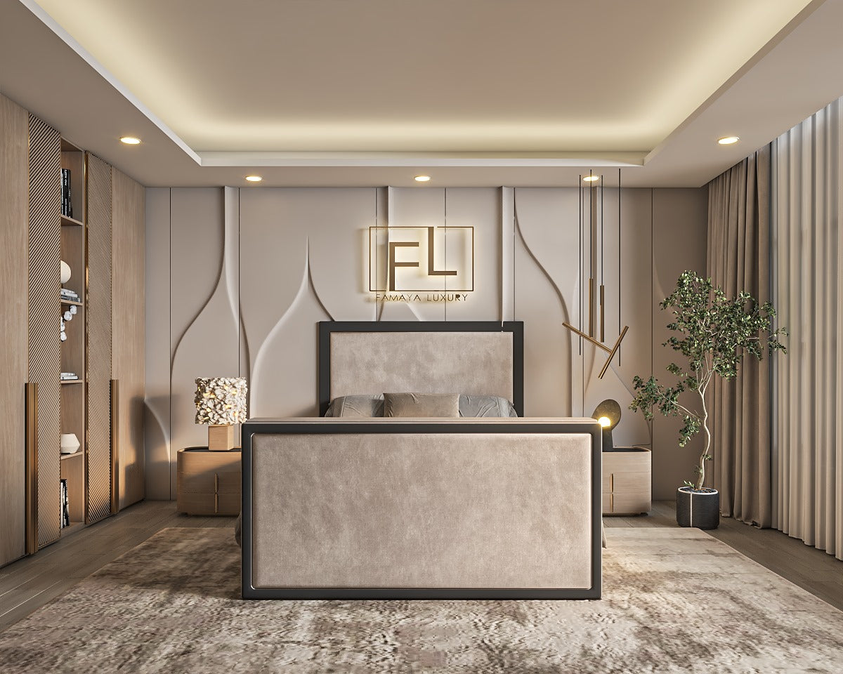 Luxurious bedroom with a Blanco TV bed Frame, geometric wall design, and elegant lighting. 