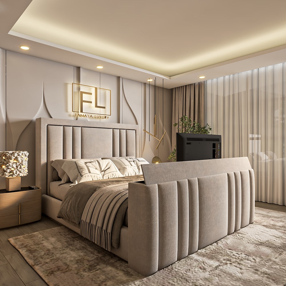 Luxurious bedroom with a beige upholstered dorchester TV bed frame.