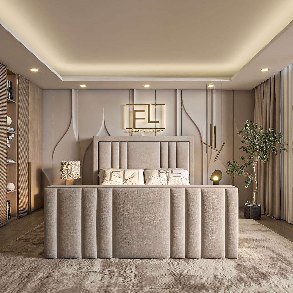 Luxurious bedroom with a beige upholstered dochester tv bed, pendant lights, and modern decor.