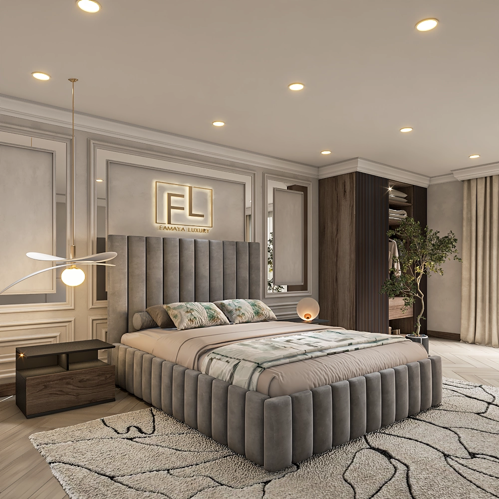 Luxurious bedroom with The Elysium bed frame and "FAMAYA LUXURY" wall sign.