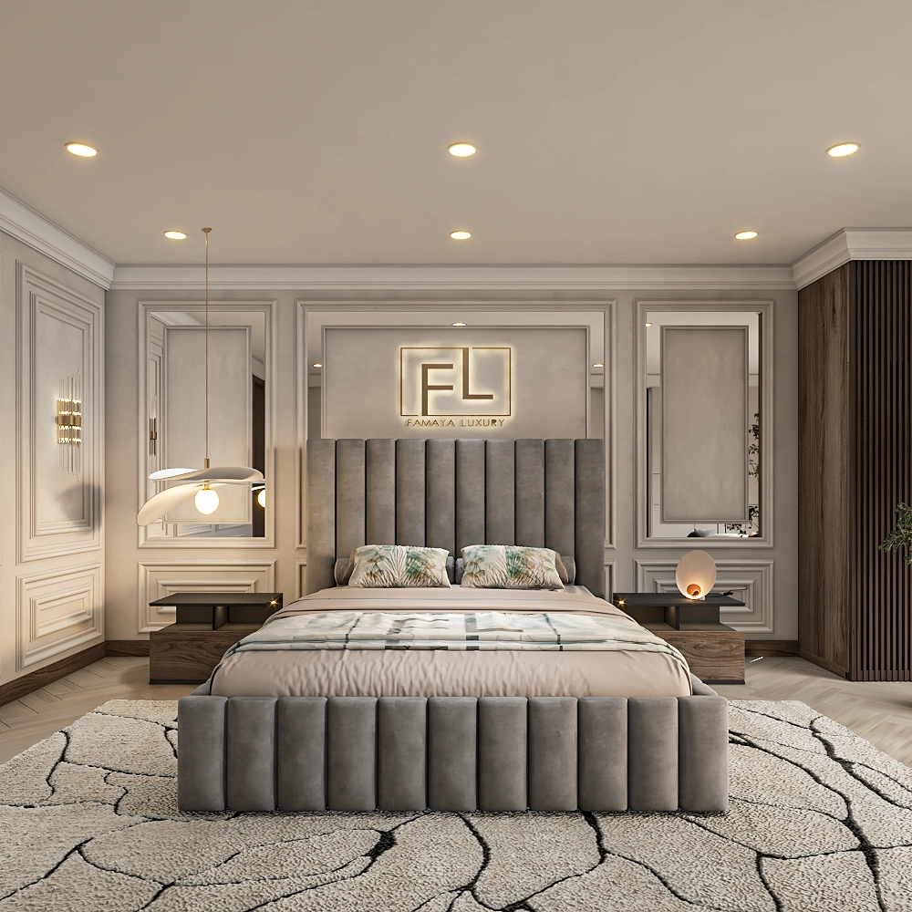 A luxurious bedroom featuring The Elysium bed frame with a grey upholstered headboard.