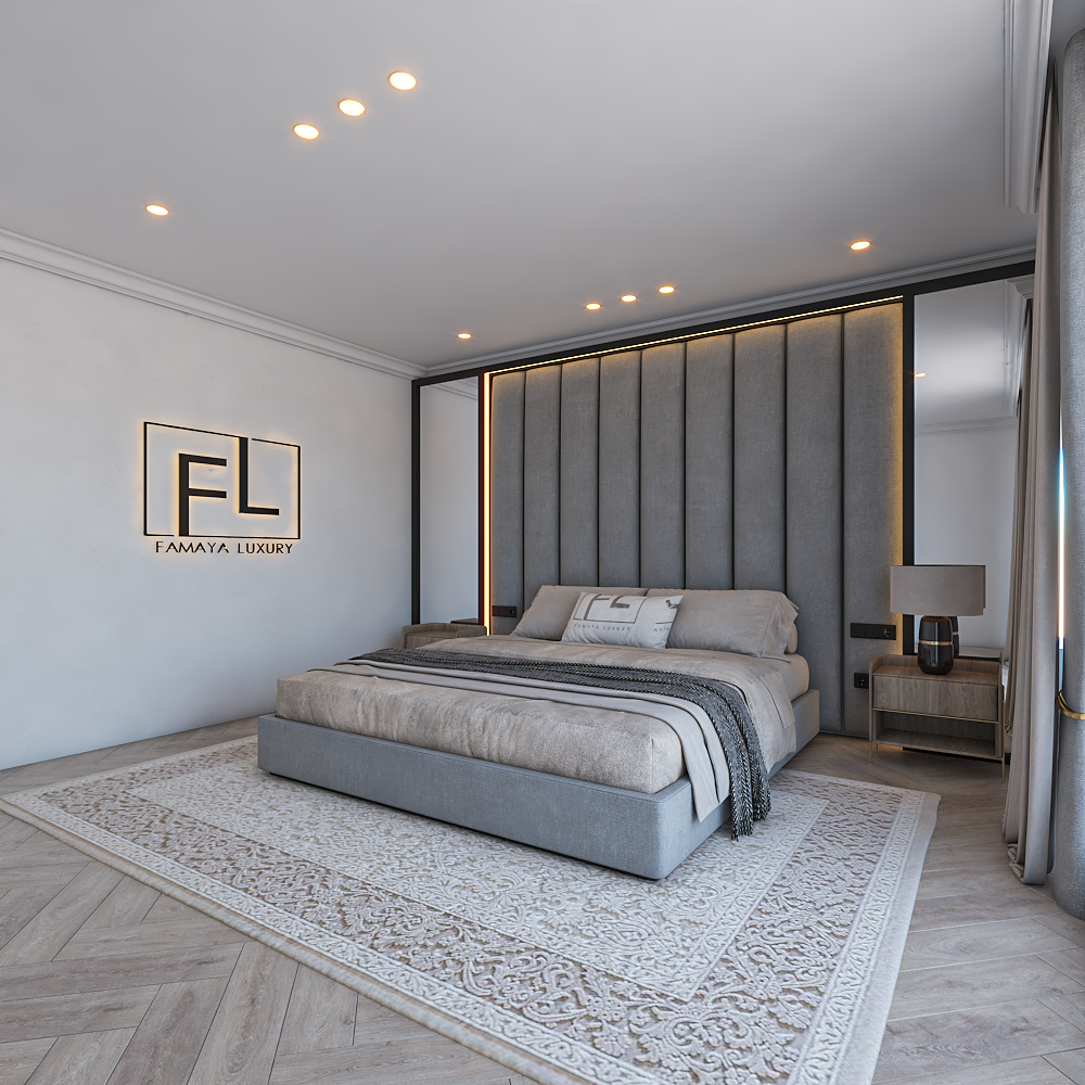 Modern bedroom with a gray The Lumière Grand Wall Panel Bed Frame low Foot, nightstand, and decorative elements.