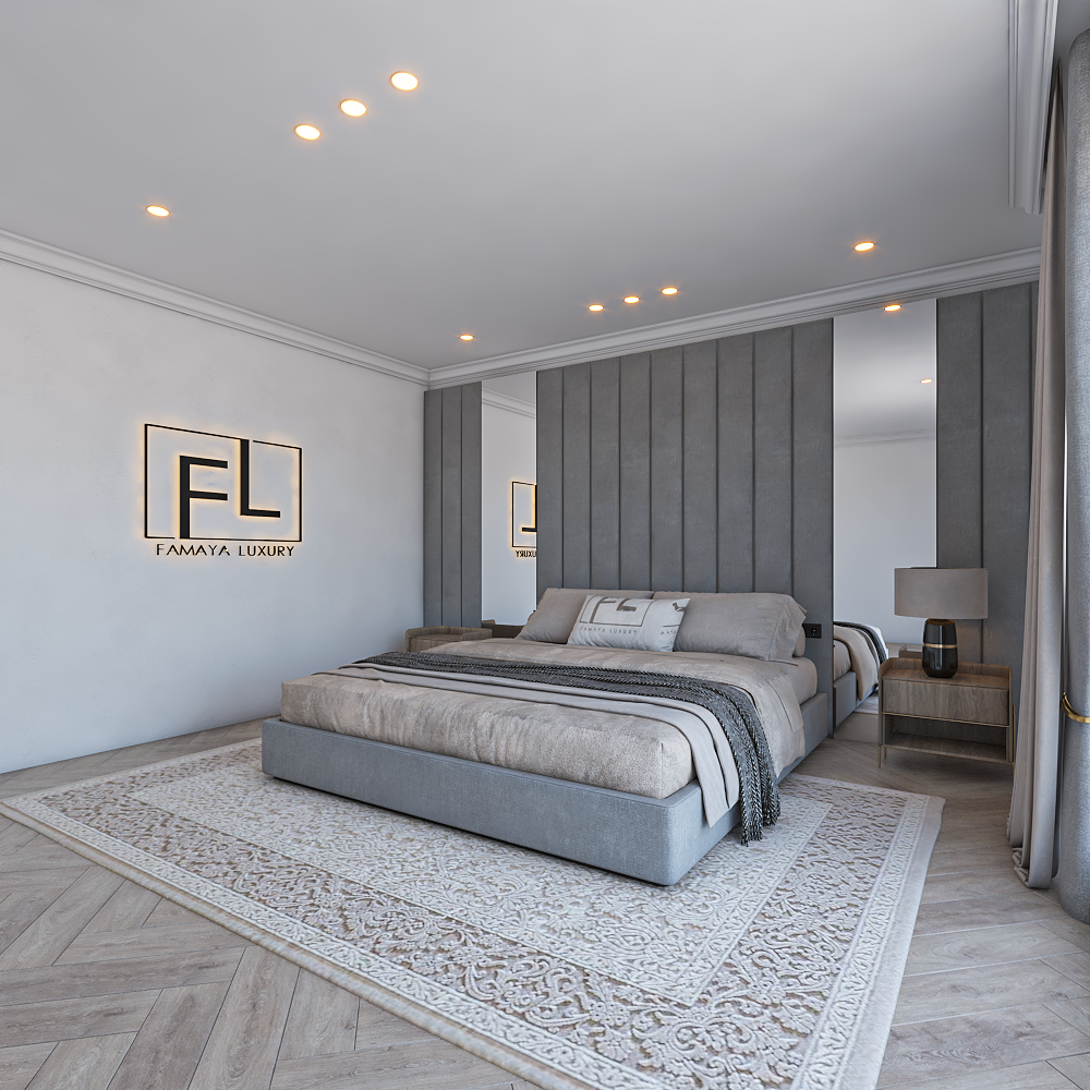 A bedroom with a large bed, grey Amaya wall panel bed frame, a patterned rug, and a nightstand with a lamp. An illuminated "FL" sign is on the wall.