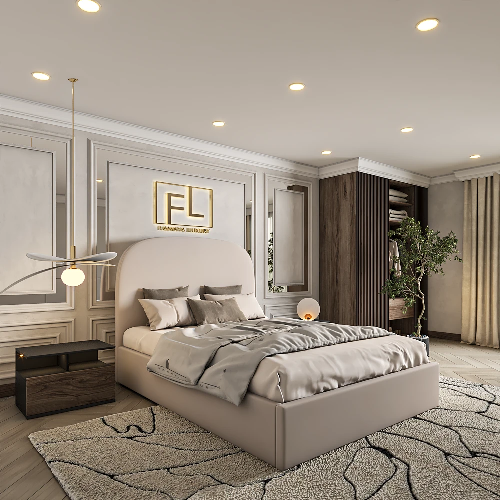 A contemporary bedroom with The Boucle Bed Frame, beige headboard, gold "FL" logo, and sleek decor.