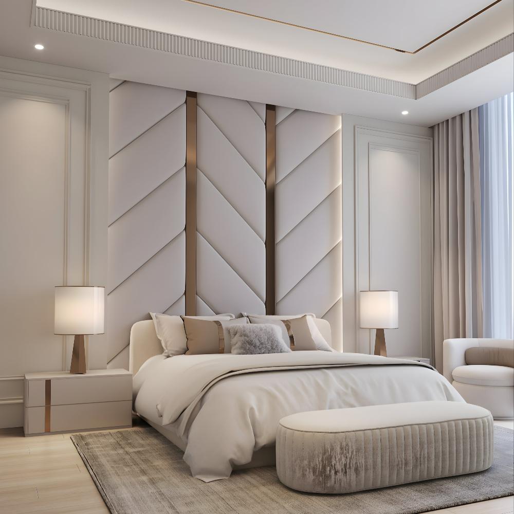 Contemporary bedroom with a plush bronze elvadore design bed, geometric headboard, and neutral tones.