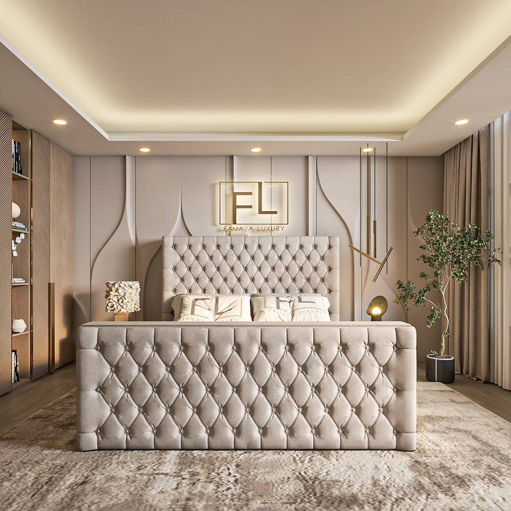 Luxurious bedroom with a beige Chester TV bed frame and decor.