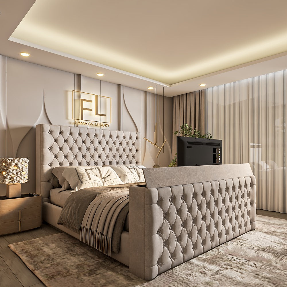 Luxurious bedroom with a Chester TV bed frame featuring tufted upholstery and a built-in TV lift.