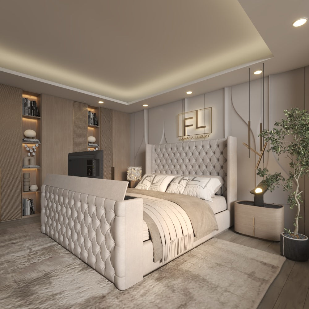 Elegant bedroom with a Chester wingback TV bed frame, tufted beige upholstery, and a built-in TV at the foot.