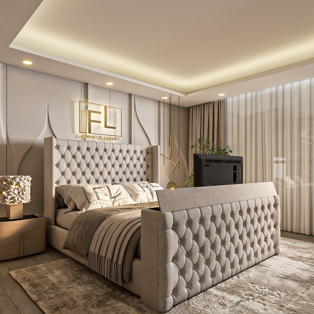 Luxurious bedroom with Chester wingback TV bed, tufted upholstery, and modern decor.