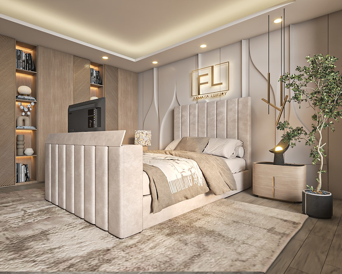 A luxurious bedroom with a beige, doha TV bed frame, modern decor, and "Famaya Luxury" logo on the wall.