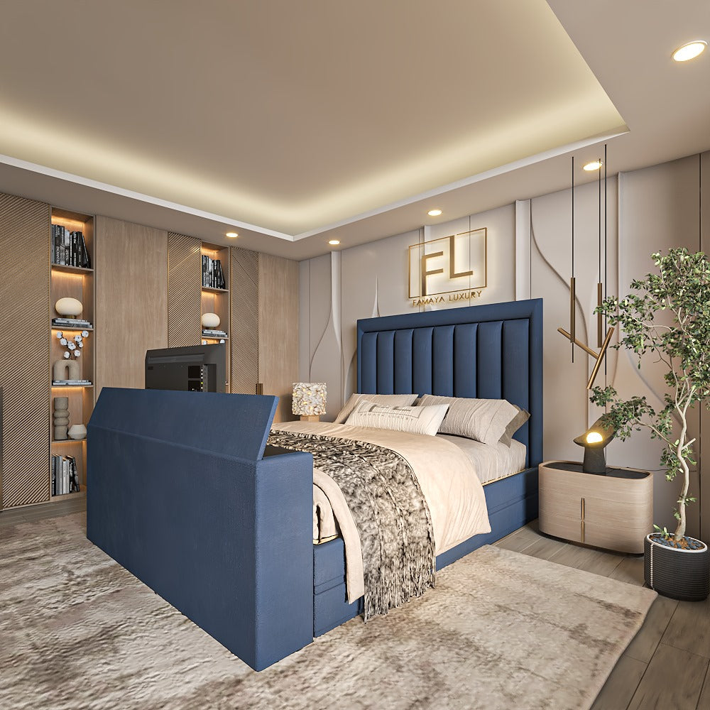 Modern bedroom with navy blue linza tv bed frame, elegant decor, and built-in shelves.