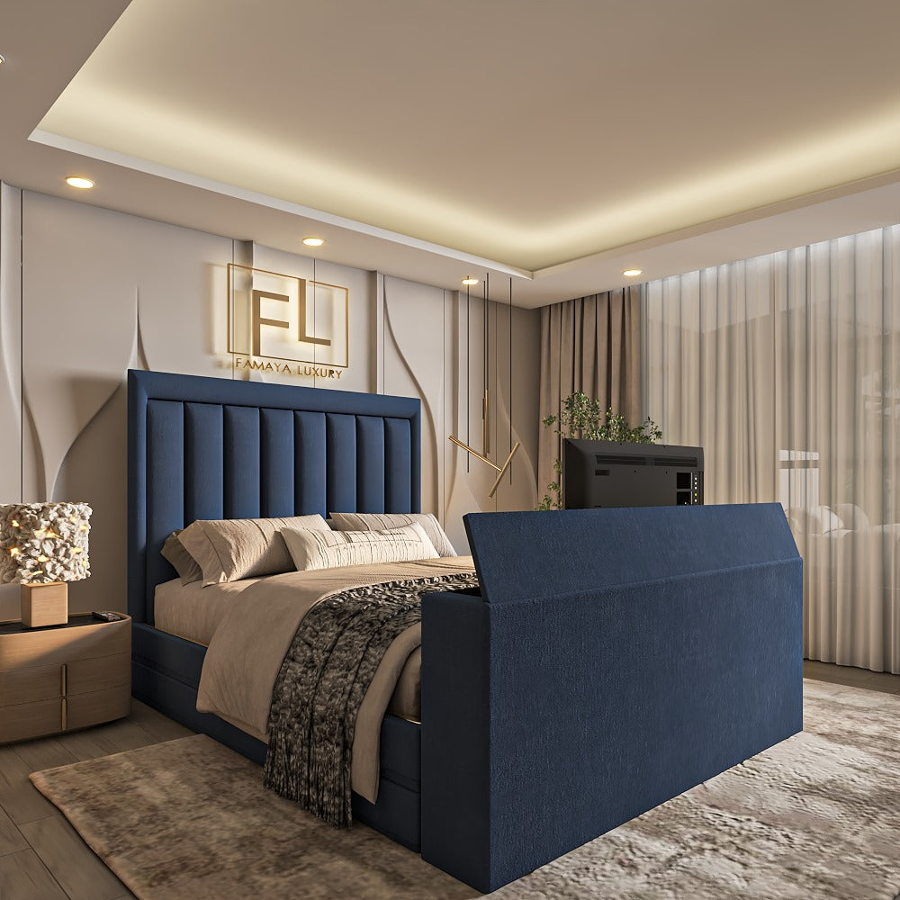 Bedroom with a Linza TV bed frame featuring a blue upholstered headboard and built-in TV.