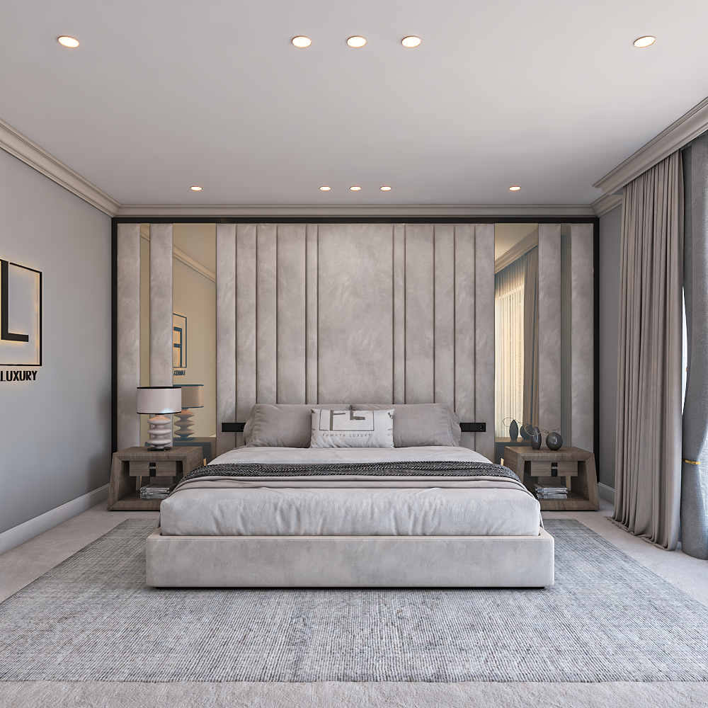 Modern bedroom with the noir  low foot wall panel bed frame and soft gray decor.