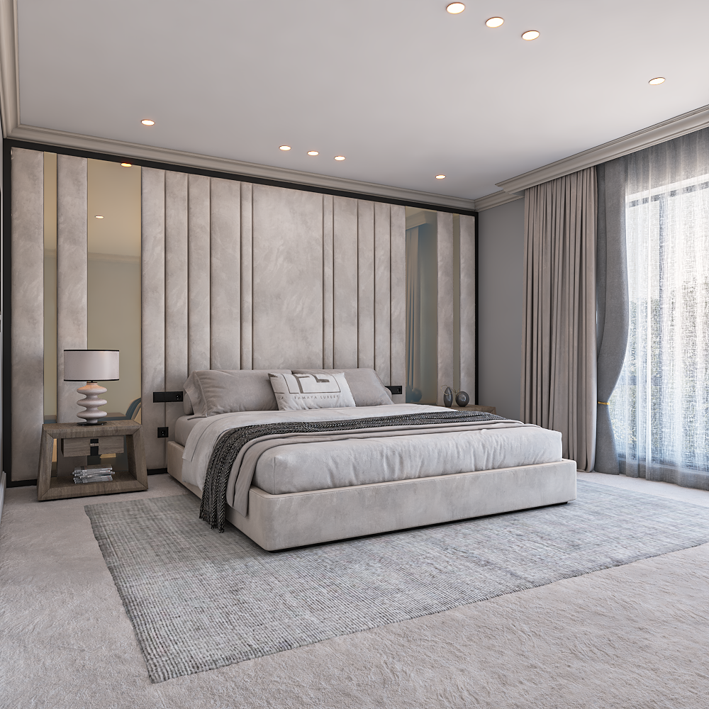 Modern bedroom with the noir low foot wall panel bed, textured headboard, and neutral decor.