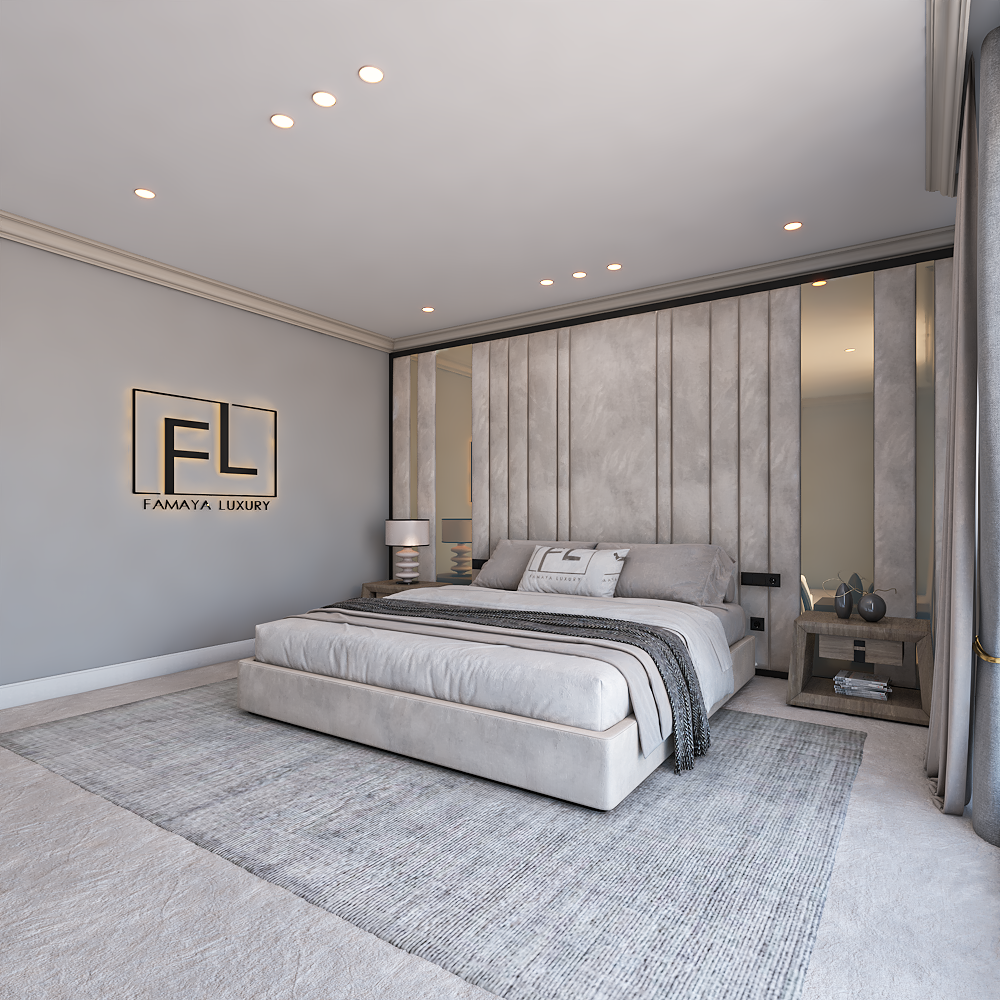 Modern bedroom with a noir low foot wall panel bed frame and a "Famaya Luxury" logo on the wall.