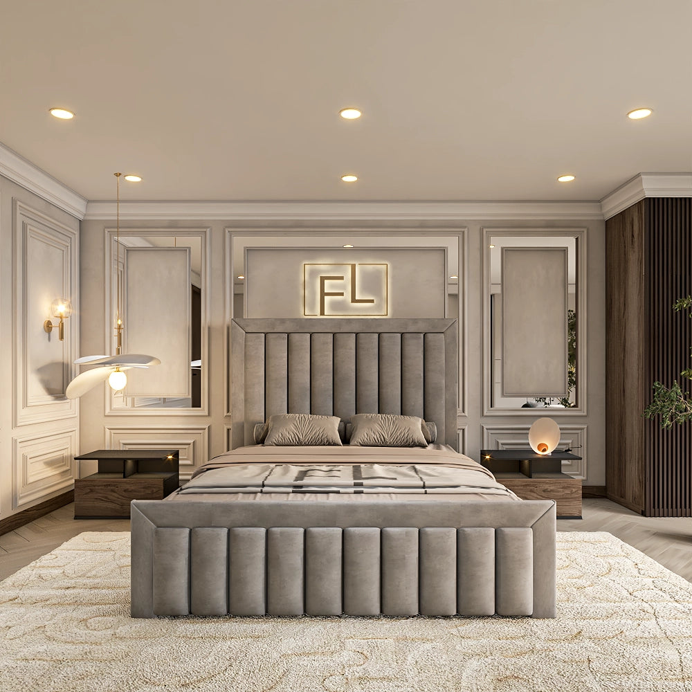 The Regency Bed Frame shines with a tall, tufted headboard, "FL" lights, and plush decor.