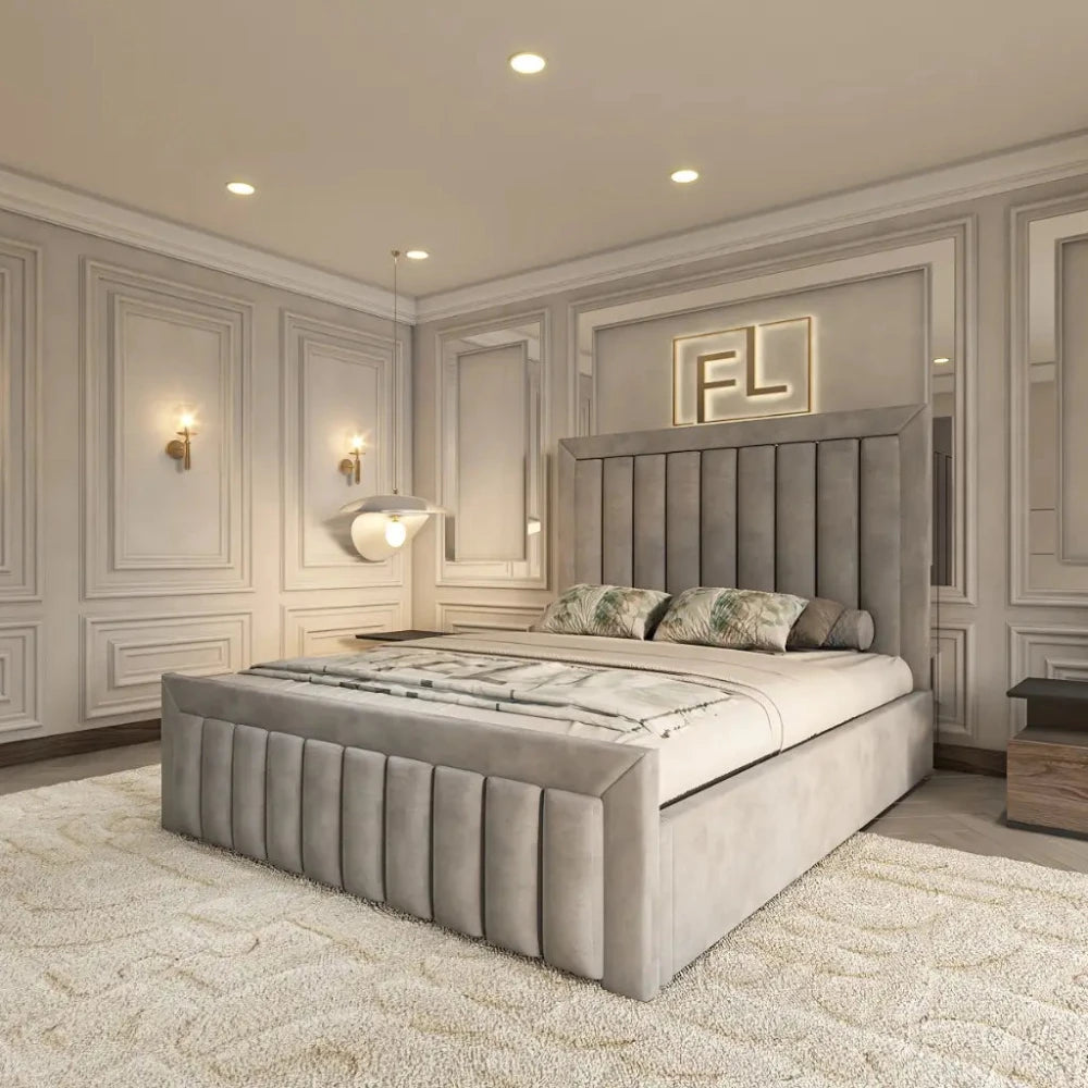 The Regency Bed Frame takes center stage in this elegant bedroom with its high, vertically-paneled gray headboard and plush design. Sophisticated wall paneling, illuminated "FL" decor, and modern lighting elements complete the refined look.