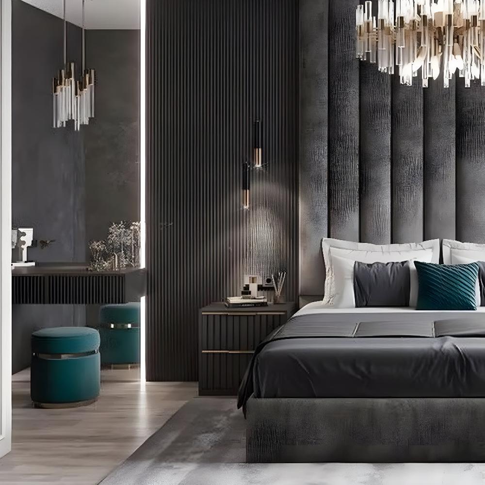 Modern steel aku panel bedroom with dark gray headboard, white and gray bedding, teal accent pillows, dark wood nightstands, and pendant lights.

