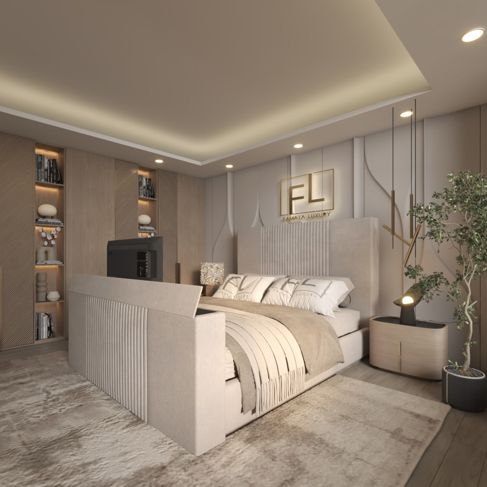 A modern bedroom with a beige Suenna TV bed frame featuring a built-in TV and elegant decor.