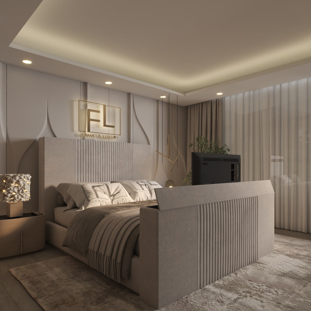 Luxury bedroom featuring a Suenna TV bed frame with integrated TV and elegant decor.