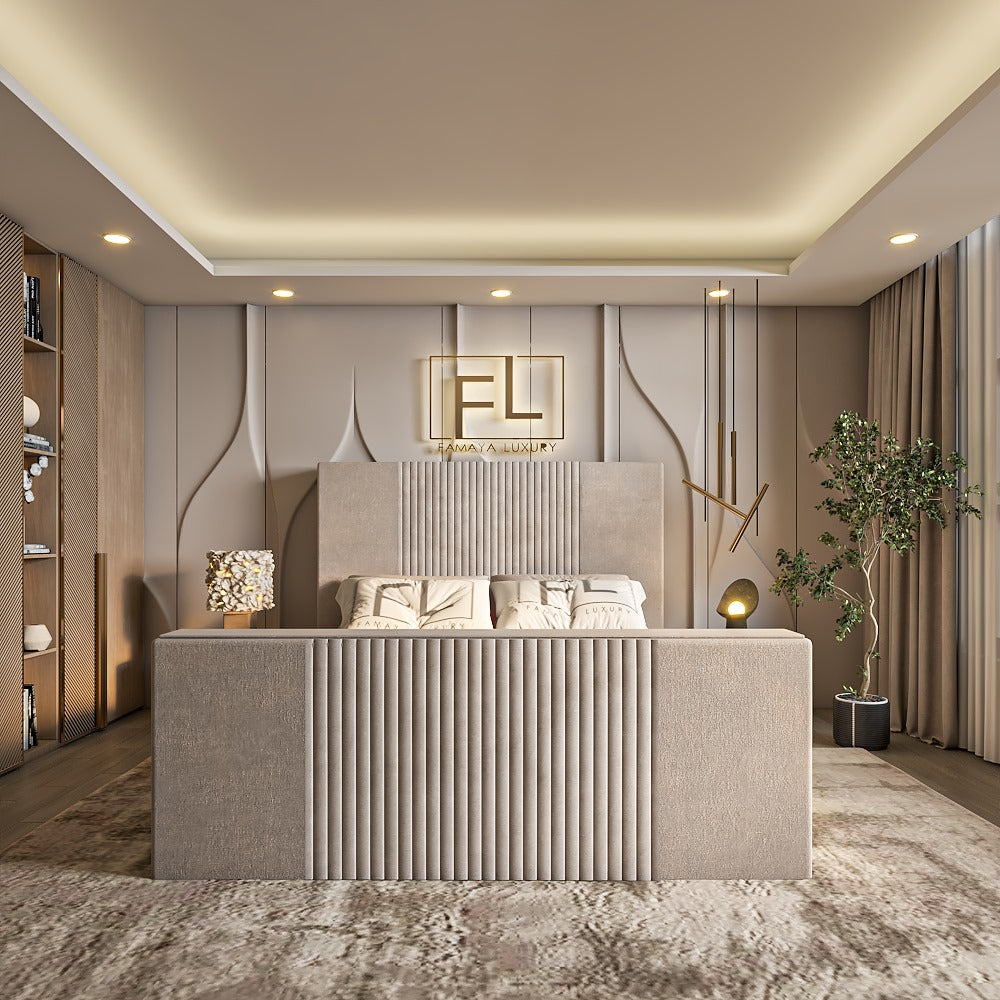 A luxurious bedroom with a beige suenna TV bed frame and modern decor.