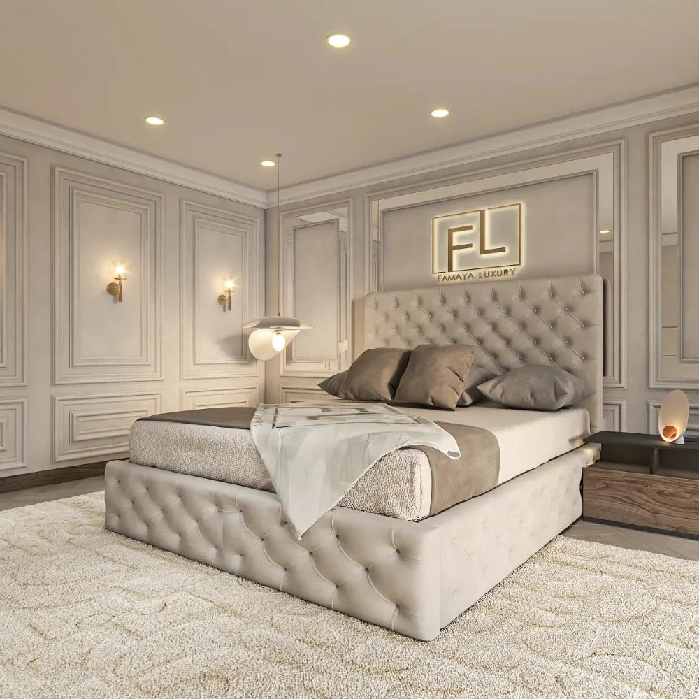 The image displays a luxurious bedroom centered around a beige upholstered bed with a tufted headboard. The neatly placed pillows and a white throw elevate the bed’s elegance. A plush carpet complements the room’s soft palette, while modern lamps and paneled walls add a touch of sophistication. Above the bed, a golden backlit "FL" logo enhances the opulent atmosphere, highlighting The evalerian bed frame .
