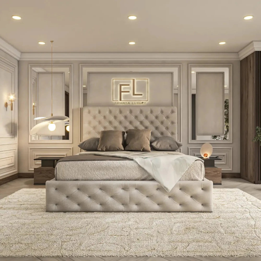 The image presents a luxurious bedroom featuring a beige upholstered bed with a tufted headboard. Neatly arranged pillows and a white throw add to the bed’s refined appeal. A plush carpet harmonizes with the room’s soft color scheme, while modern lamps and paneled walls contribute to its sophisticated ambiance. A golden, backlit "FL" logo above the bed completes the opulent design, accentuating The evalerian bed frame.