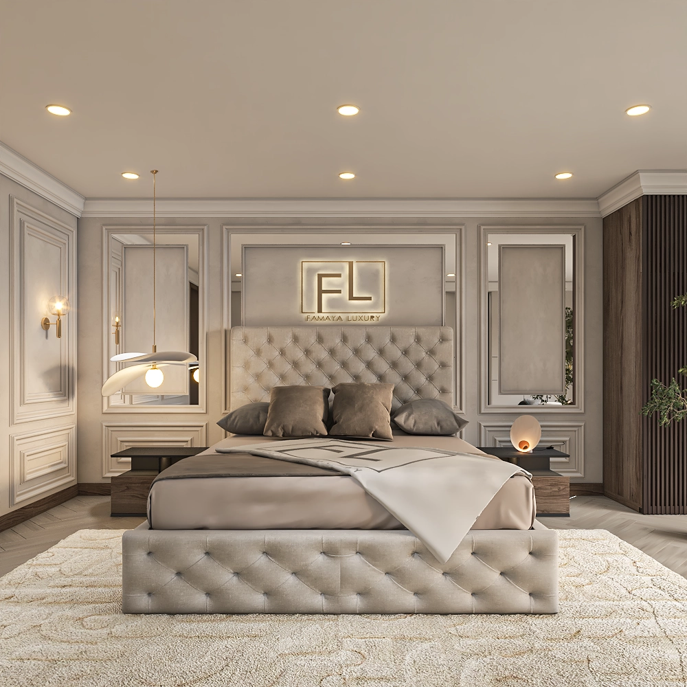 A luxurious bedroom with a tufted beige bed, soft pillows, golden "FL" logo, and elegant decor.