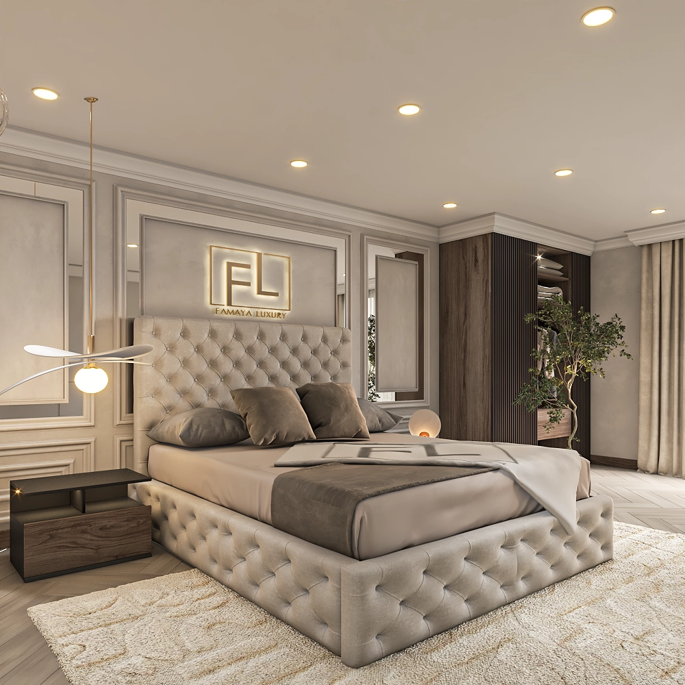 The image displays a luxurious bedroom featuring a plush, light grey tufted bed frame adorned with grey and beige bedding. Elegant wall paneling and soft ambient lighting, including two wall sconces and a pendant lamp, enhance the room's sophistication. A wooden nightstand with a modern lamp completes the refined look, beautifully showcasing The Valencia Bed Frame.