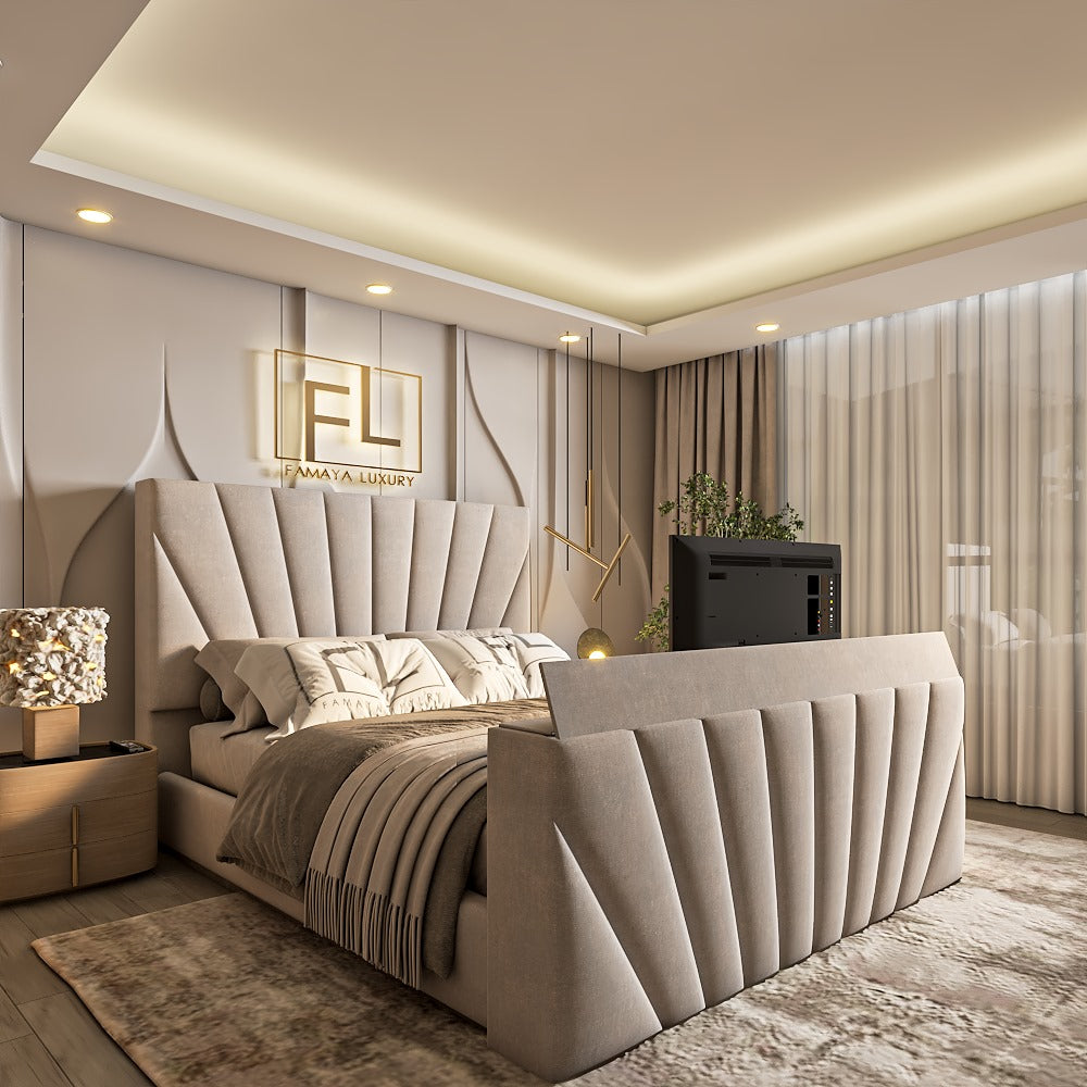 Modern bedroom with a Varenzo TV bed frame and elegant decor.