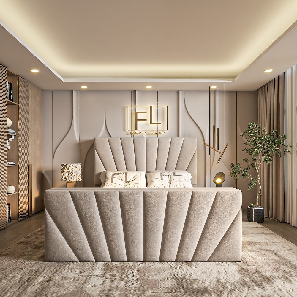 Luxurious bedroom with a beige varenzo tv bed frame, decorative wall, and ambient lighting.